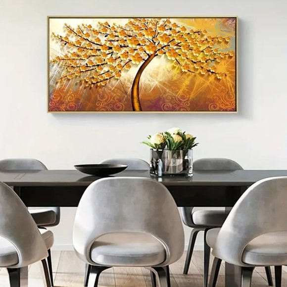Golden Leaf Lucky Fortune Tree Canvas Painting NEW - Picture 2 of 4